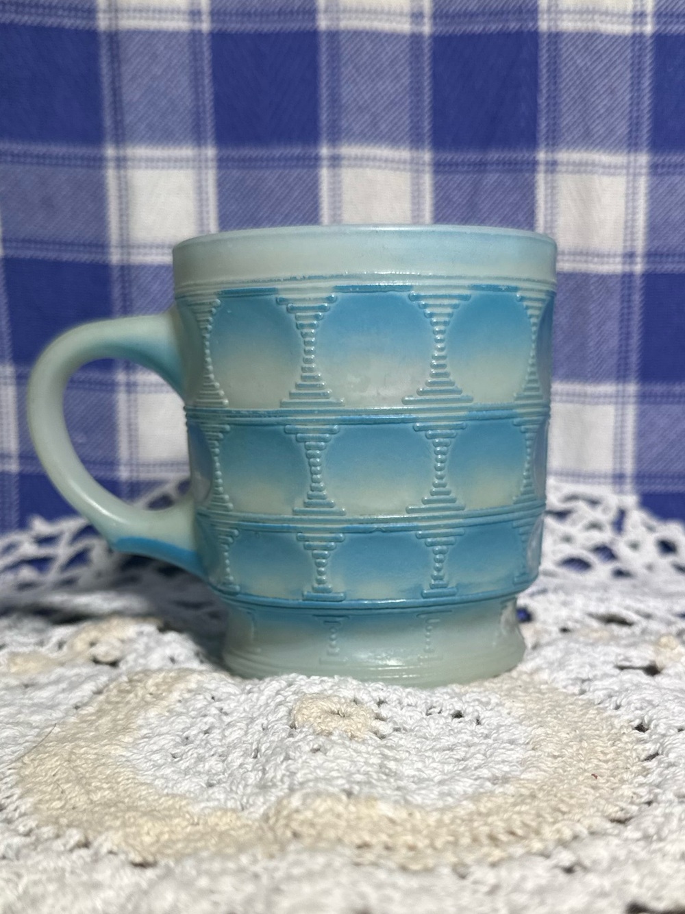 Vintage Fire King Milk Glass Blue Camelot Thumbprint Mug